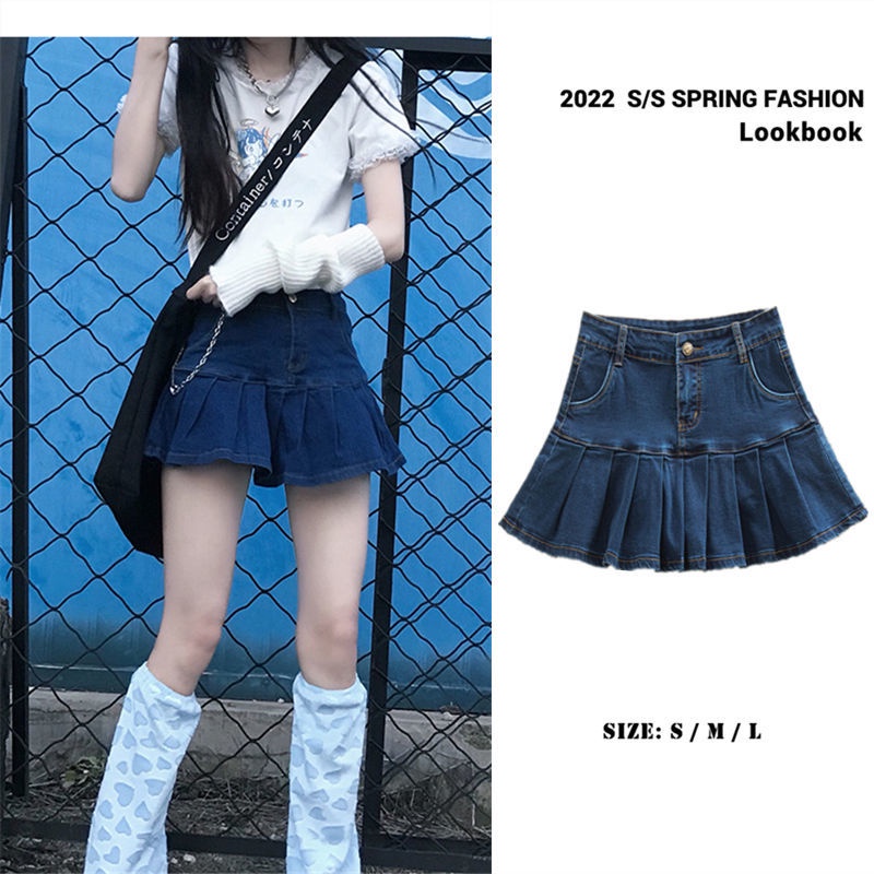 Chân Váy Denim Chữ a Lưng Cao Xếp Ly Thời Trang Xuân Hè Phong Cách Hàn Quốc Y2k