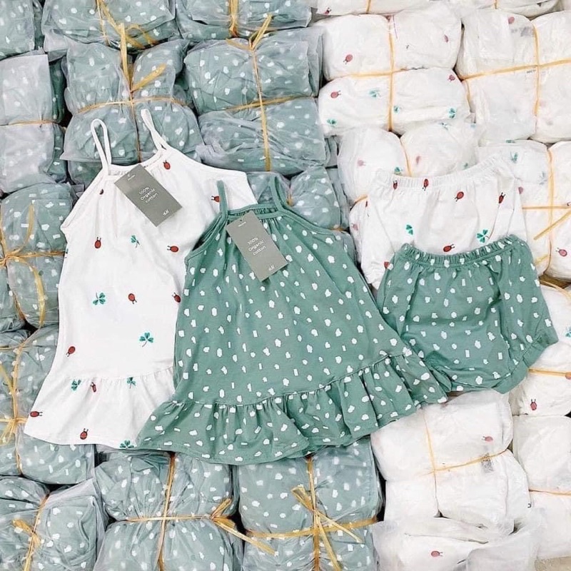 Set 2 bộ váy 2 dây kèm quần cho bé gái, váy mặc nhà chất thun cotton mềm mịn, thoáng mát, họa tiết chấm bi, hoa cực xinh