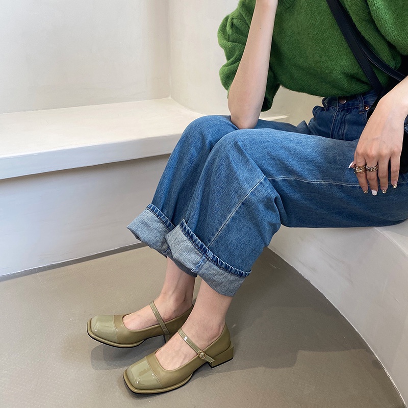 Giày Da Gót Dày Phối Khóa Cài Phong Cách Retro Pháp Thời Trang Xuân Thu Cho Nữ