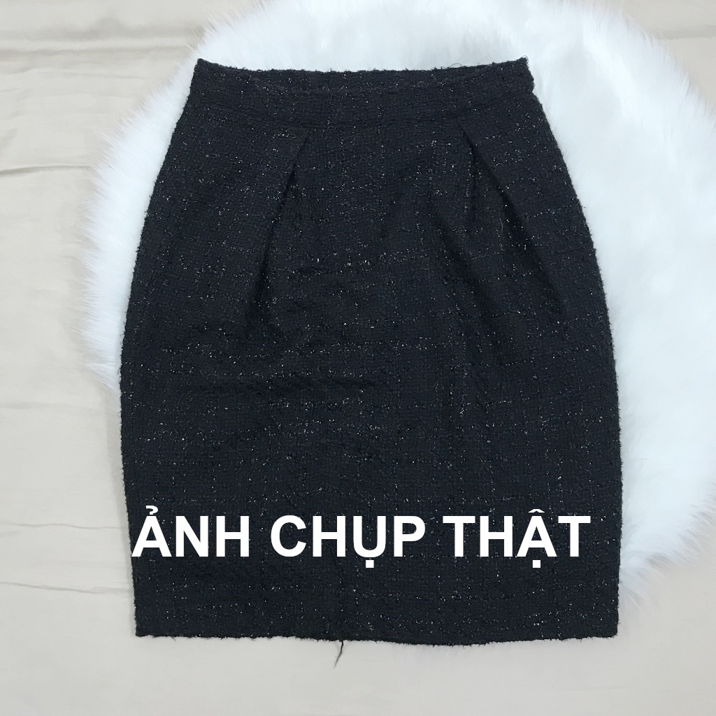 Chân váy bò nữ MNG auth màu đen denim cài cúc lai tua chữ A size XS - ẢNH CHỤP THẬT