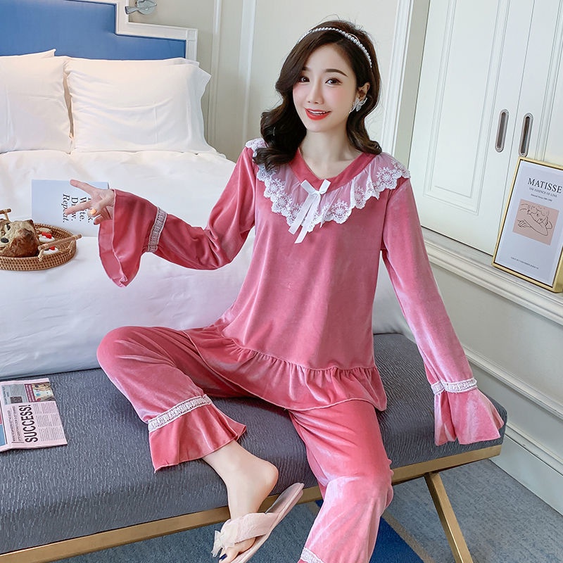 Bộ đồ ngủ vải nhung phối ren phong cách Hàn Quốc sang trọng thời trang xuân thu cho nữ