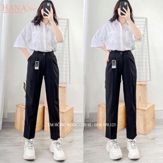Quần tây baggy đi học nữ cạp lưng cao có đai nịt màu Đen Xanh dáng quần vải học sinh nữ dày ống baggy đáy cao đi học đẹp