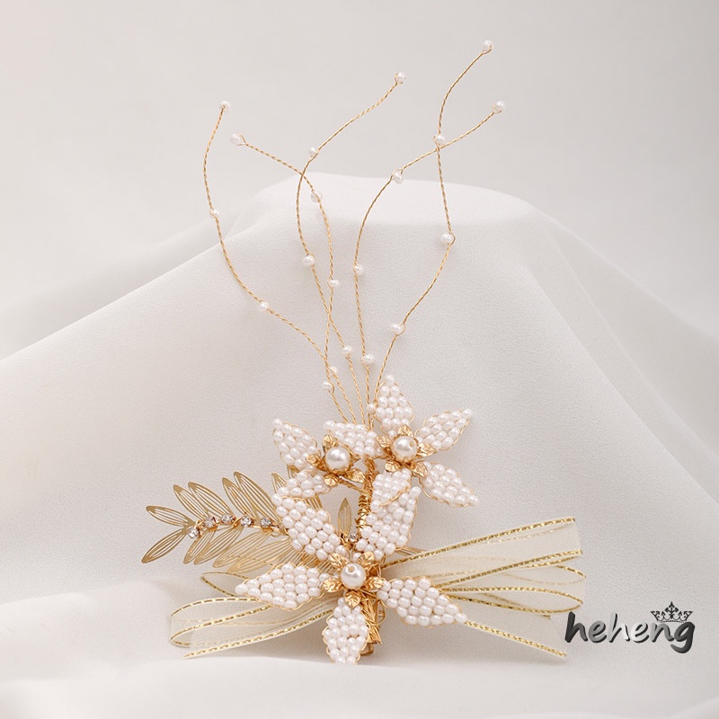 1 Bộ Kẹp Tóc Hình Hoa Lá Đính Đá &amp; Ngọc Trai Giả Thanh Lịch Cho Cô Dâu