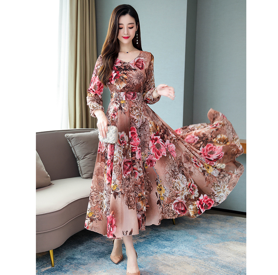 Đầm Maxi Tay Dài Hoạ Tiết Hoa Thiết Kế Cổ Chữ V Thanh Lịch Size M~3Xl