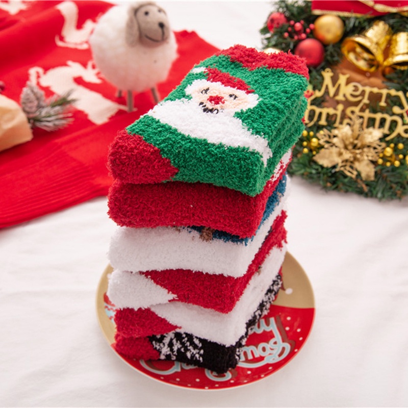 Tmdbyx Vớ lông cừu san hô dày ấm áp họa tiết tuần lộc Giáng sinh cho nữ