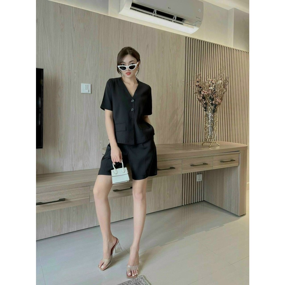 [8.8 Sales Freeship] Set bộ vest đũi cổ v tay ngắn phối túi, set bộ lửng tàu thời trang nữ công sở thanh lịch