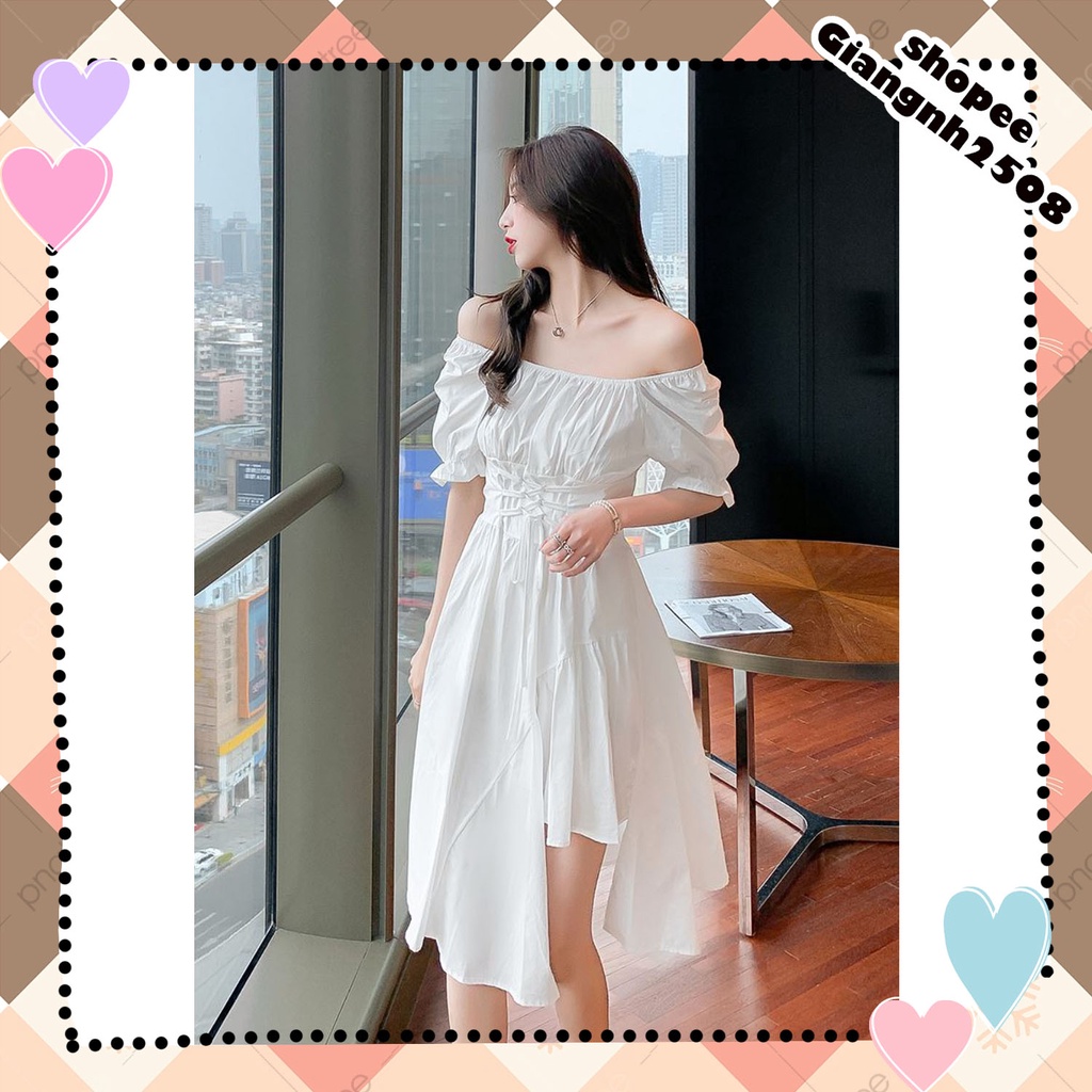 V019 Váy nữ dáng xòe xẻ chân thắt nơ eo tiểu thư, đầm dài dáng xòecổ vuông tay bồng đen trắng bánh bèo nữ tính