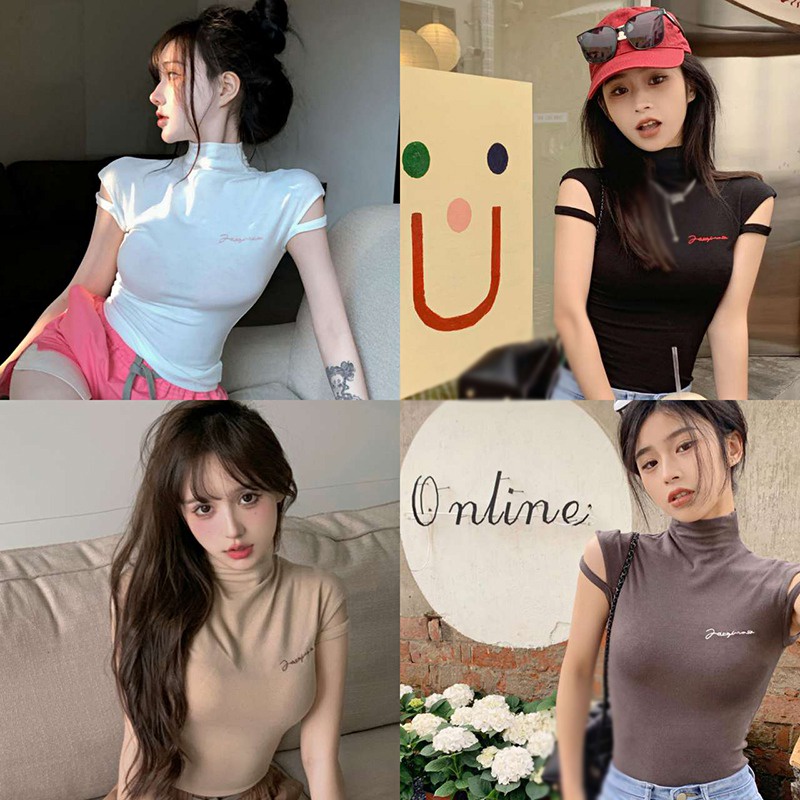 Áo Thun Tay Ngắn Cổ Lọ Màu Sắc Đơn Giản Phong Cách Hàn Quốc Cho Nữ