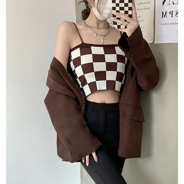 QADCOL Áo hai dây dệt kim dáng ôm họa tiết kẻ sọc phong cách retro cho nữ