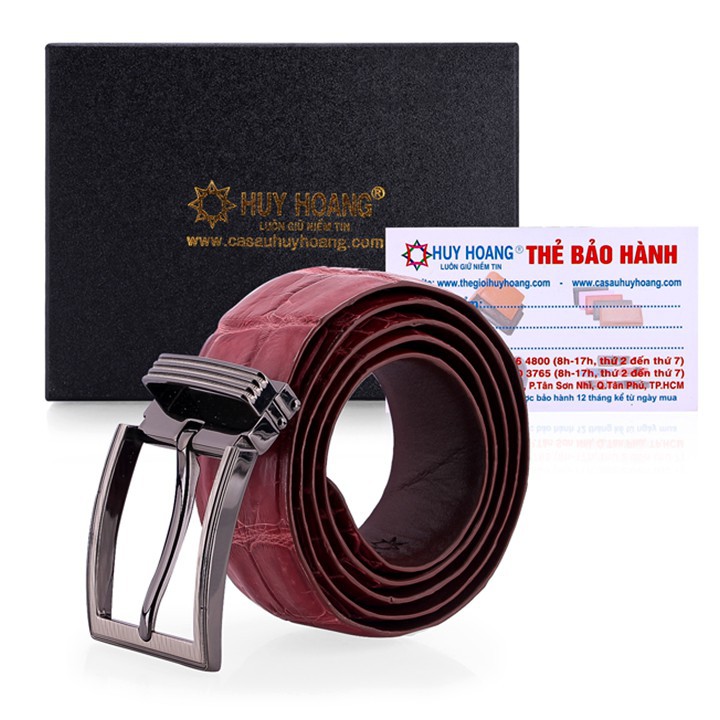 Thắt lưng nam da cá sấu Huy Hoàng nguyên con bản lớn bụng đầu kim màu đỏ đô-HW4780