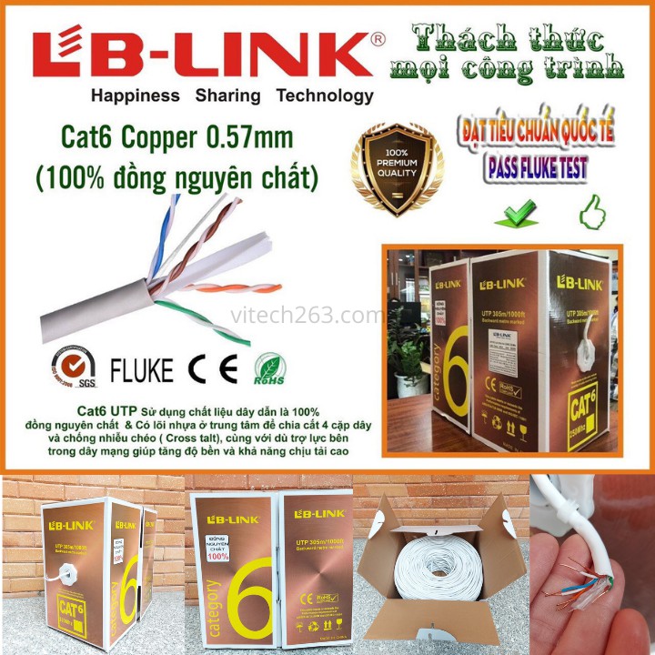 Cáp mạng CAT6 UTP LBLINK,Cuộn 305m lõi đồng 100%(Copper 0.57mm),dây màu trắng-Mã sản phẩm C6-PRO, Sản xuất 2020