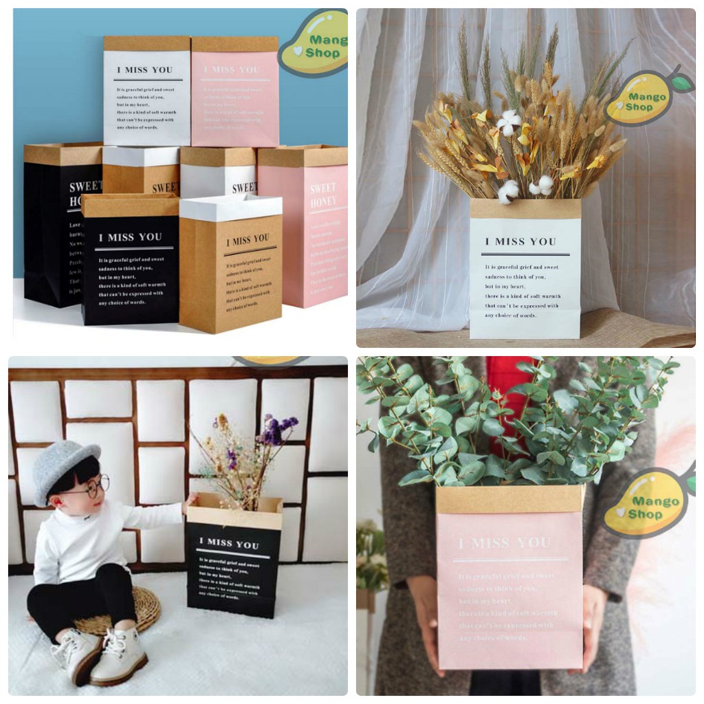 Túi giấy Kraft I MISS YOU nhiều màu trang trí chụp ảnh ( túi giấy decor cửa hàng, chụp ảnh lookbook )