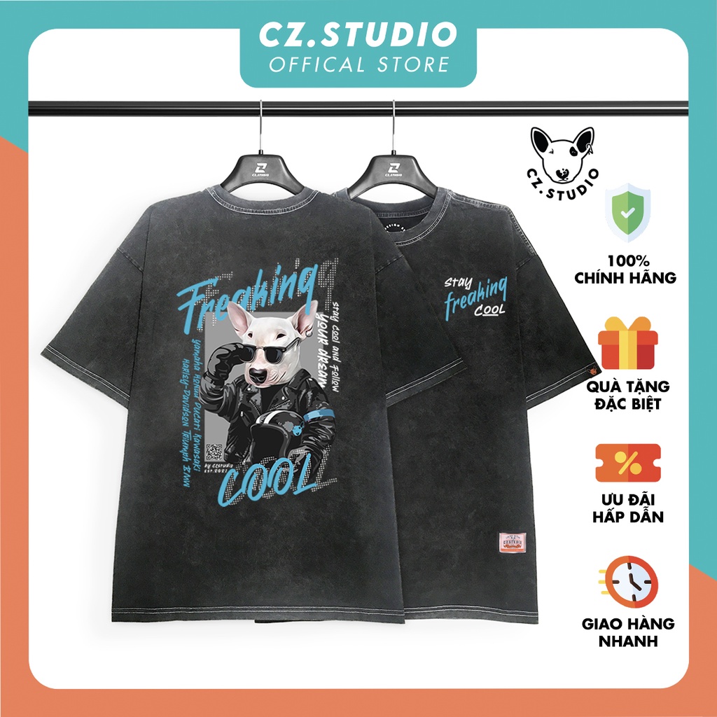 Áo thun Wash Unisex Form Rộng Chó Cún Bull Terrier Freaking Cool CZ STUDIO