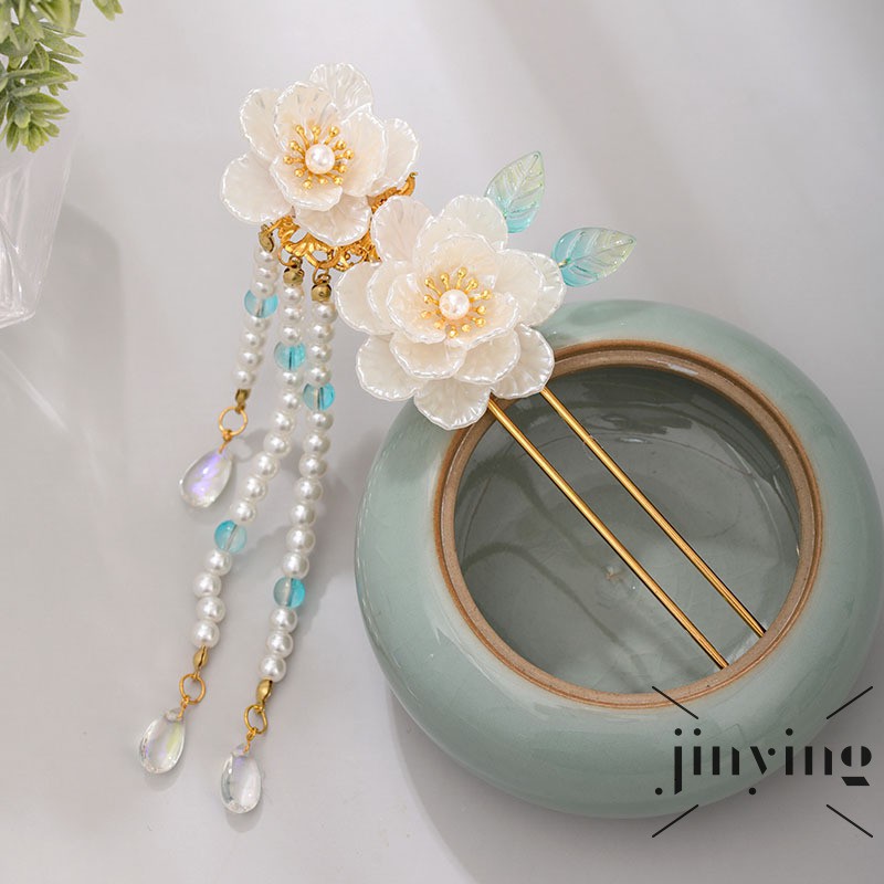 GETNOIVAS Trâm cài tóc trang trí hình hoa trắng bằng ngọc bích giả phối tua rua xâu hạt ngọc trai giả hợp với sườn xám của bạn nữ