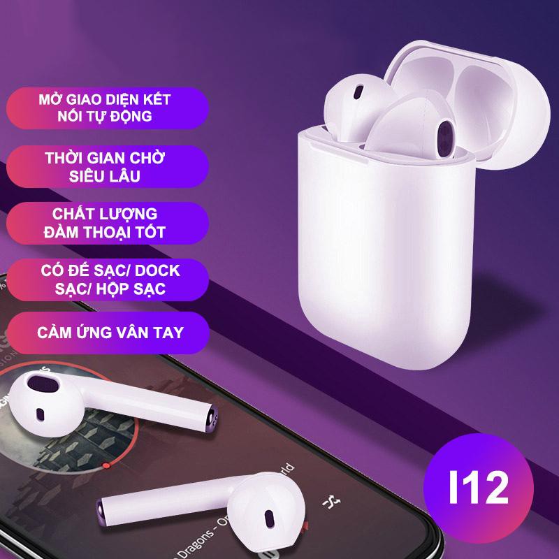 Tai nghe bluetooth không dây i12 TWS 5.0, thiết kế nhỏ gọn, chất lượng âm thanh nổi HIFI, chức năng giảm tạp âm