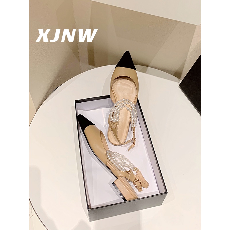 Giày Sandal Gót Dày Hở Ngón Đính Ngọc Trai Thanh Lịch Thời Trang Dành Cho Nữ 2022
