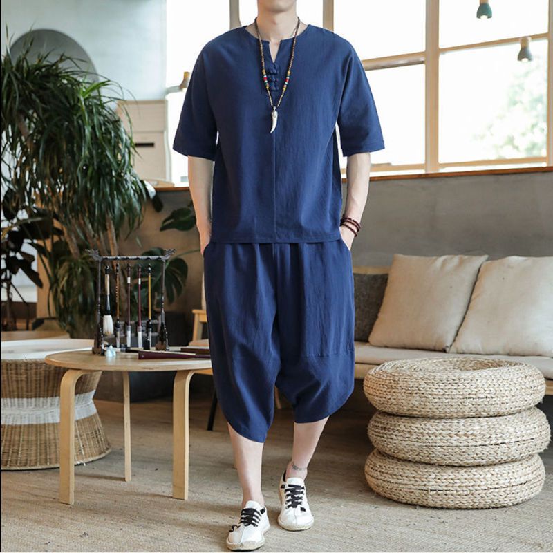Bộ Đồ Hán Phục Tay Ngắn Bằng Vải Lanh Cotton Thời Trang Mùa Hè Cho Nam