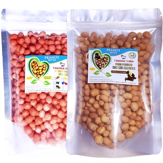 Combo 1kg đậu phộng da cá 2 vị: cacao và dâu tây tâm đức thiện 2 x túi 500gr đồ ăn vặt