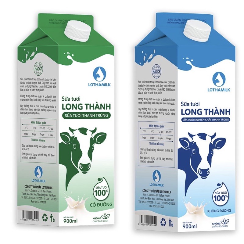 Sữa tươi thanh trùng Long Thành Lothamilk 900ml Có đường/ Không đường