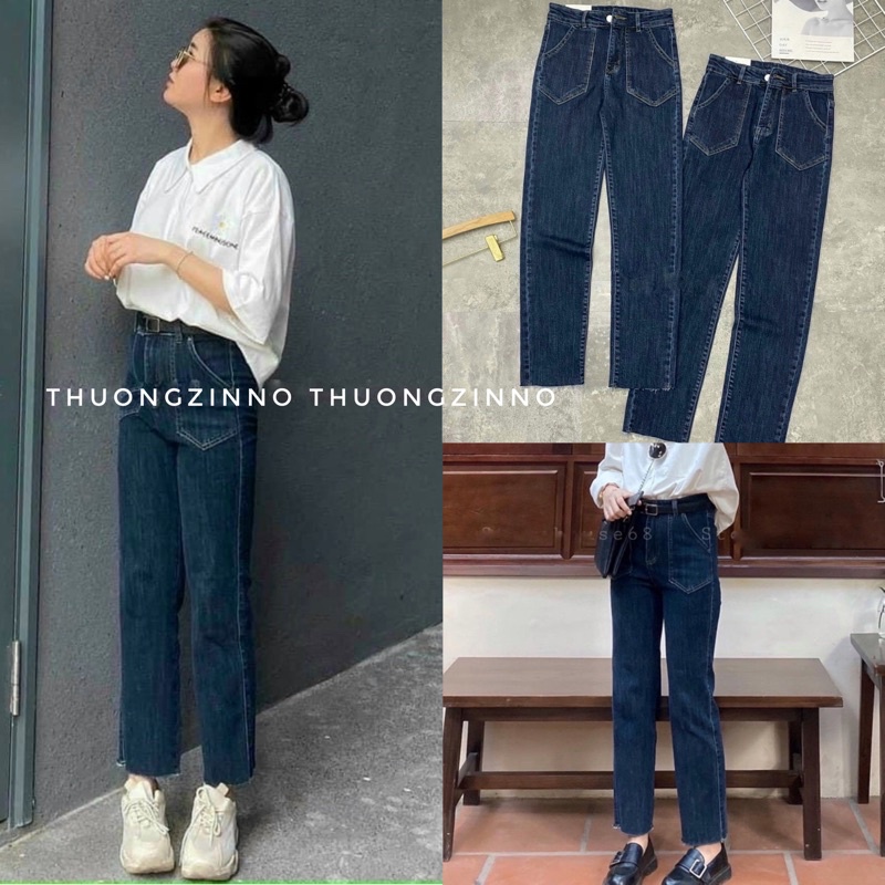 [Ảnh thật/Video] Quần jean bò ống đứng túi hộp hai bên bên - Culottes dáng suông ống rộng màu xanh đậm cá tính | BigBuy360 - bigbuy360.vn