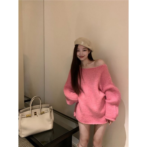 Áo len trễ vai lệch vai dài tay oversize form rộng dài trùm mông