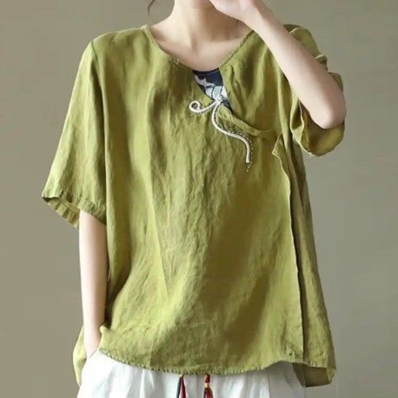 Áo Sơ Mi Vải Lanh Cotton Ngắn Tay Phong Cách Retro 165058 Áo Sơ Mi Dáng Rộng Phong Cách Phương Tây Thời Trang Dễ Phối Đồ