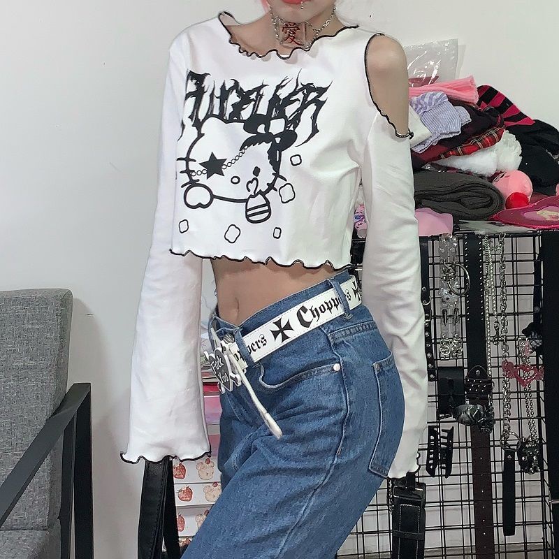 Áo Thun Tay Dài Trễ Vai Dáng Rộng In Họa Tiết Hoạt Hình Phong Cách Hàn Quốc y2k croptop y2k Dành Cho Bạn Gái