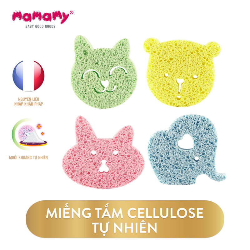 Combo 4 miếng tắm bọt biển Cellulose tự nhiên Mamamy, tẩy da chết, an toàn cho trẻ sơ sinh