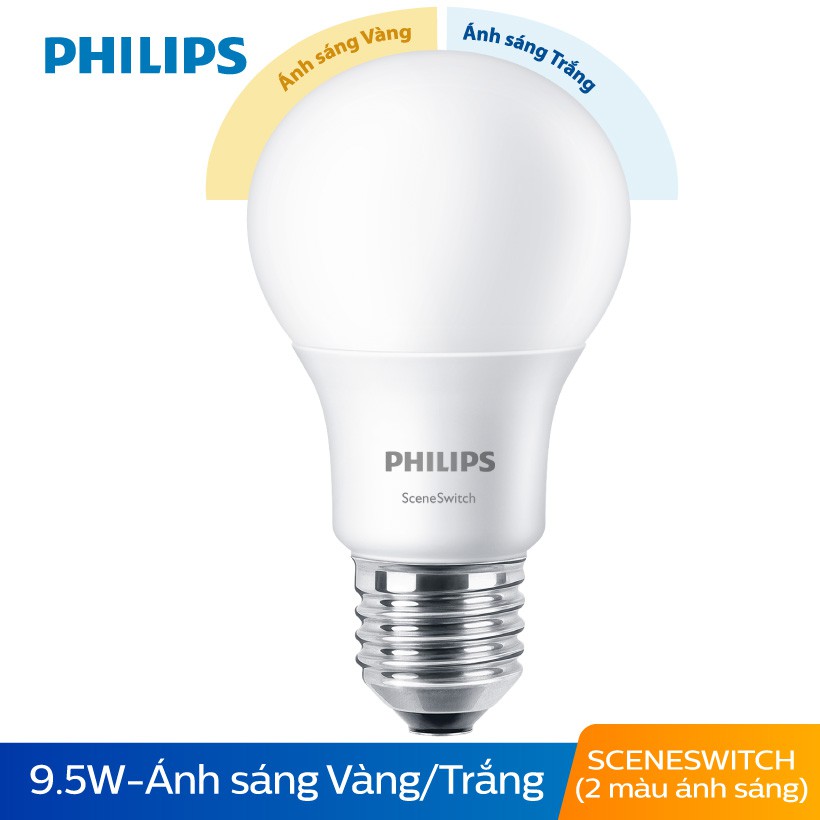 [Mã LT50 giảm 50k đơn 250k] Bóng đèn Philips LED Scene Switch đổi màu ánh sáng 9.5W 3000K/6500K E27 (Trắng / Vàng)