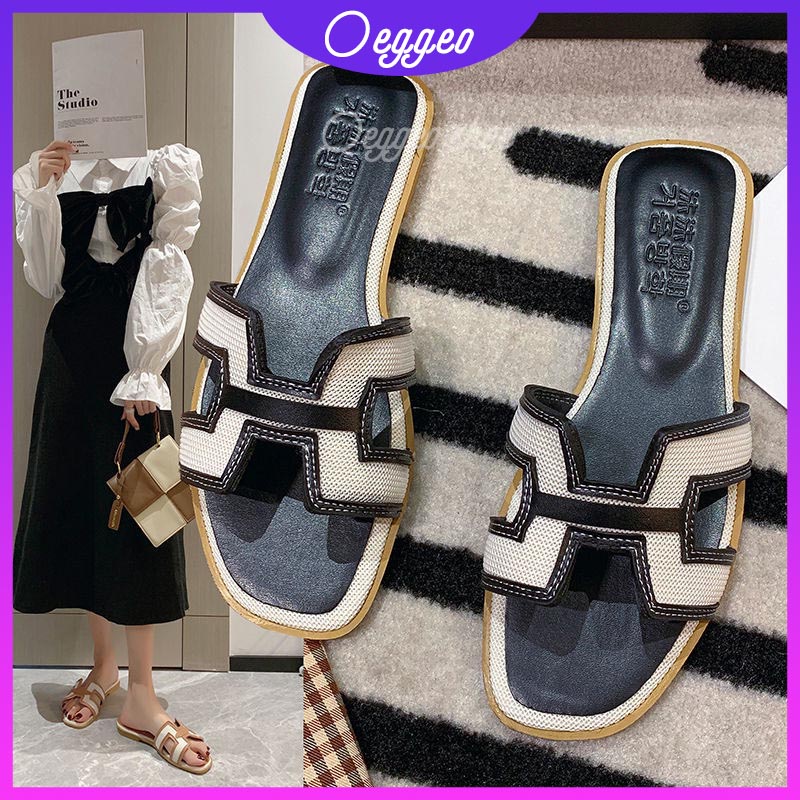 Oeggeo shop Dép Lười Denim Đế Phẳng Khâu Đường May Cho Nữ