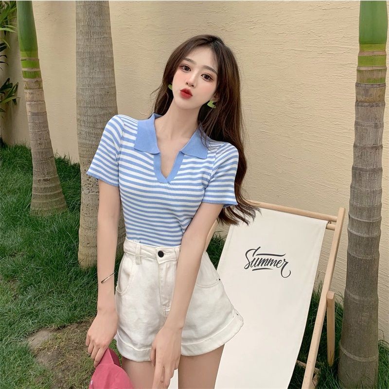 Áo polo tay ngắn cổ chữ V họa tiết sọc thời trang dành cho nữ