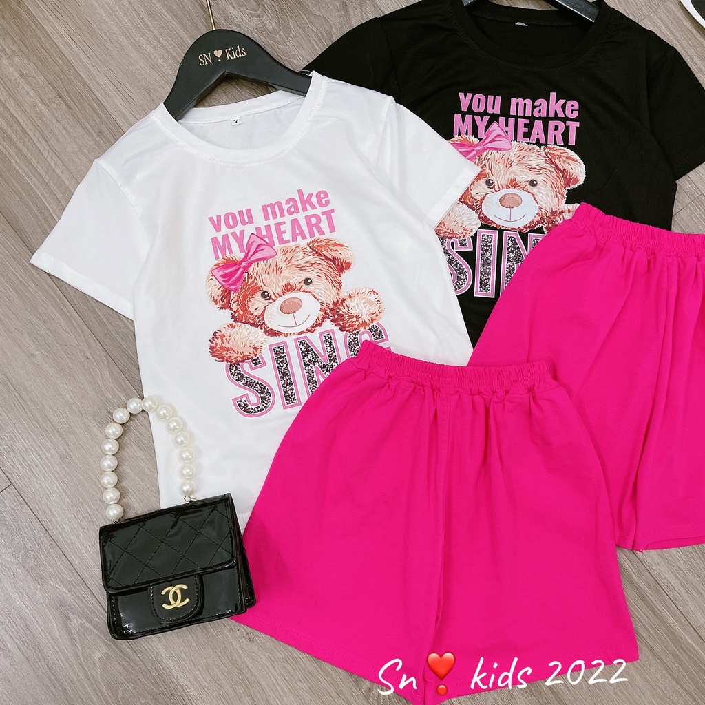 [XẢ HÀNG] Bộ cộc tay bé gái, cặp bộ in 3D gấu You Make My Heart chất cotton quần rộng cho bé 8-35kg