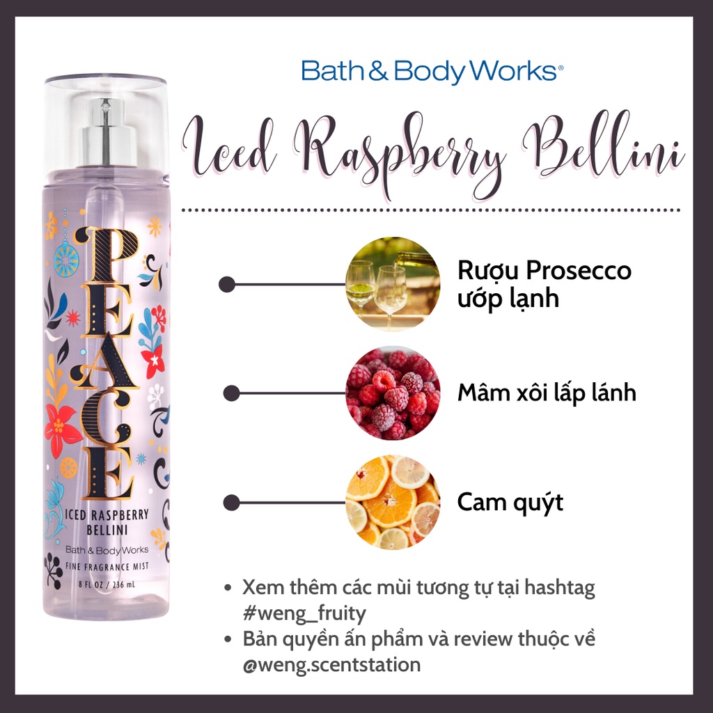 Xịt thơm toàn thân Bath &amp; Body Works mùi Iced Raspberry Bellini