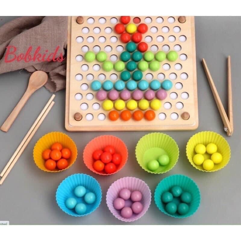 Bộ đồ chơi phát triển 3 kỹ năng montessori, Bộ gắp hạt kèm bát