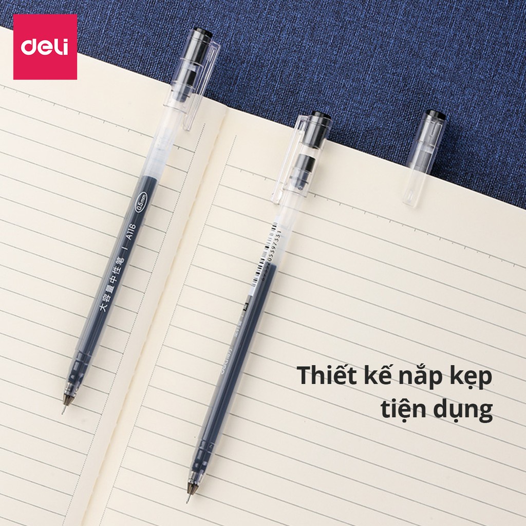 Bút gel mực nước văn phòng 0.5mm Deli ba màu xanh đen đỏ nhanh khô viết đều trơn tru lâu hết mực chất lượng cao - A116
