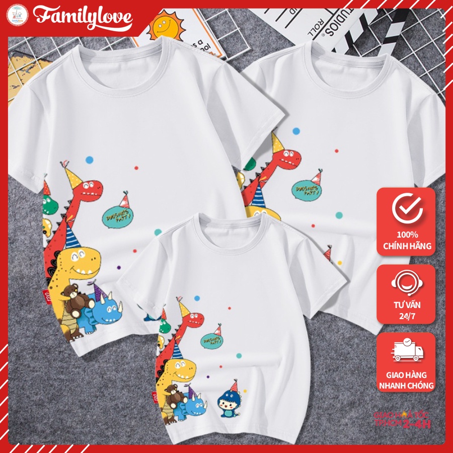 Áo gia đình Familylove - Mẫu Đồng phục gia đình Họa Tiết Khủng Long Đáng Yêu chất liệu cotton 100% co giãn
