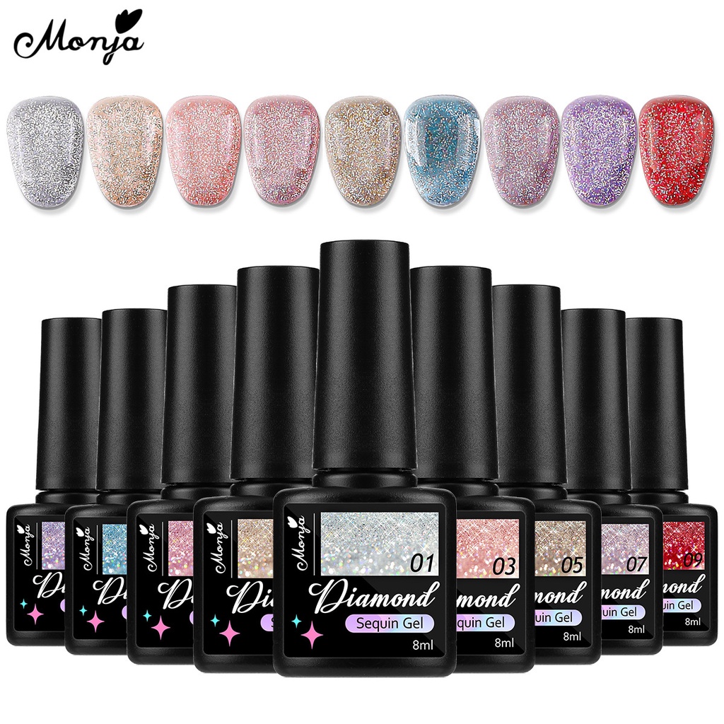 Gel sơn móng tay MONJA ánh nhũ kim tuyến lấp lánh 9 màu sắc tùy chọn thời trang 8ml