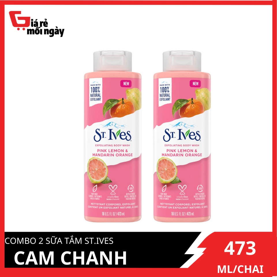 Combo 2 Sữa Tắm St.Ives Chiết Xuất Cam Chanh Làm Sáng Da 473ml Pink Lemon &amp; Mandarin Orange Body Wash