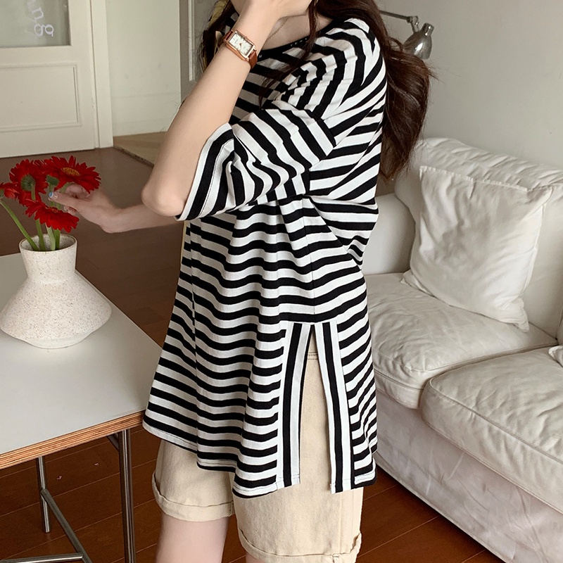 Áo Thun Ngắn Tay Cổ Tròn Họa Tiết Kẻ Sọc Phong Cách Hàn Quốc Thời Trang Mùa Hè Dành Cho Nữ