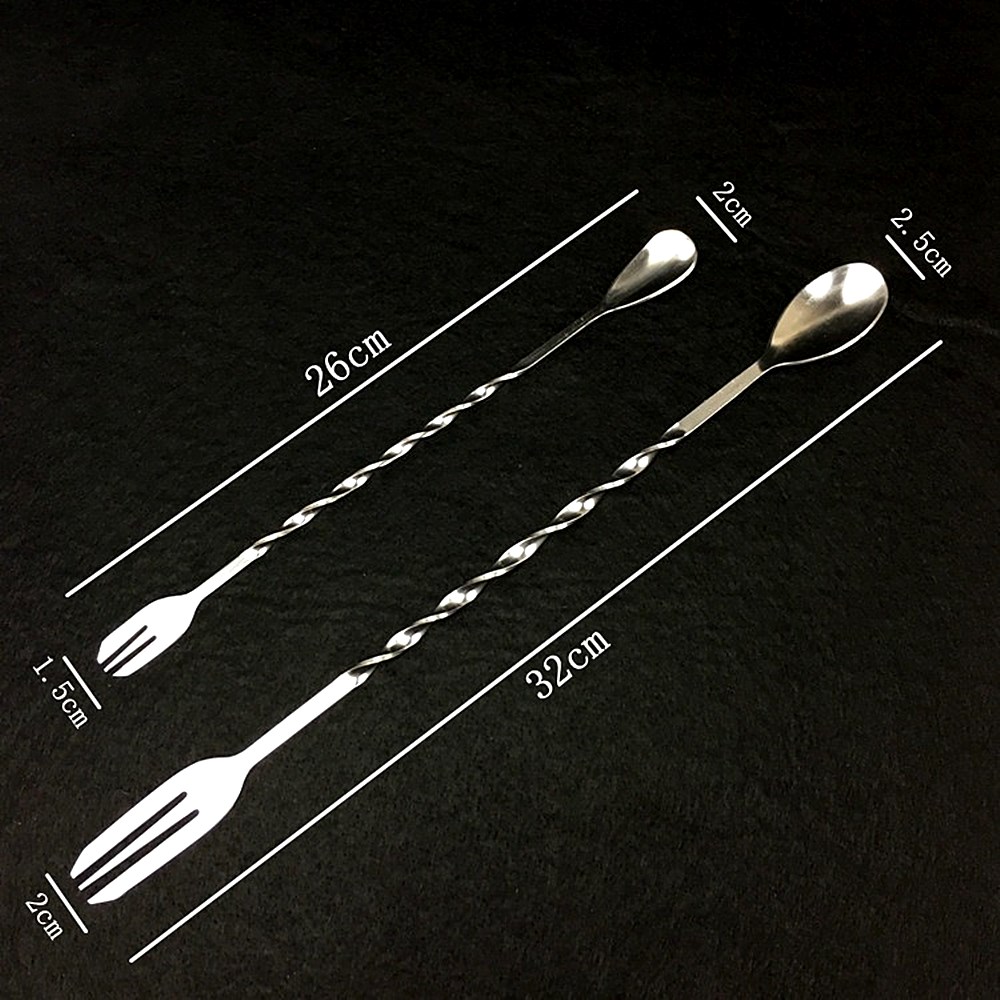 2in 1 Cocktail Mixing Fork Spoon Stainless Steel Durable Bar Appliances Stirring Rod Spiral Shape Double Head Kitchenware