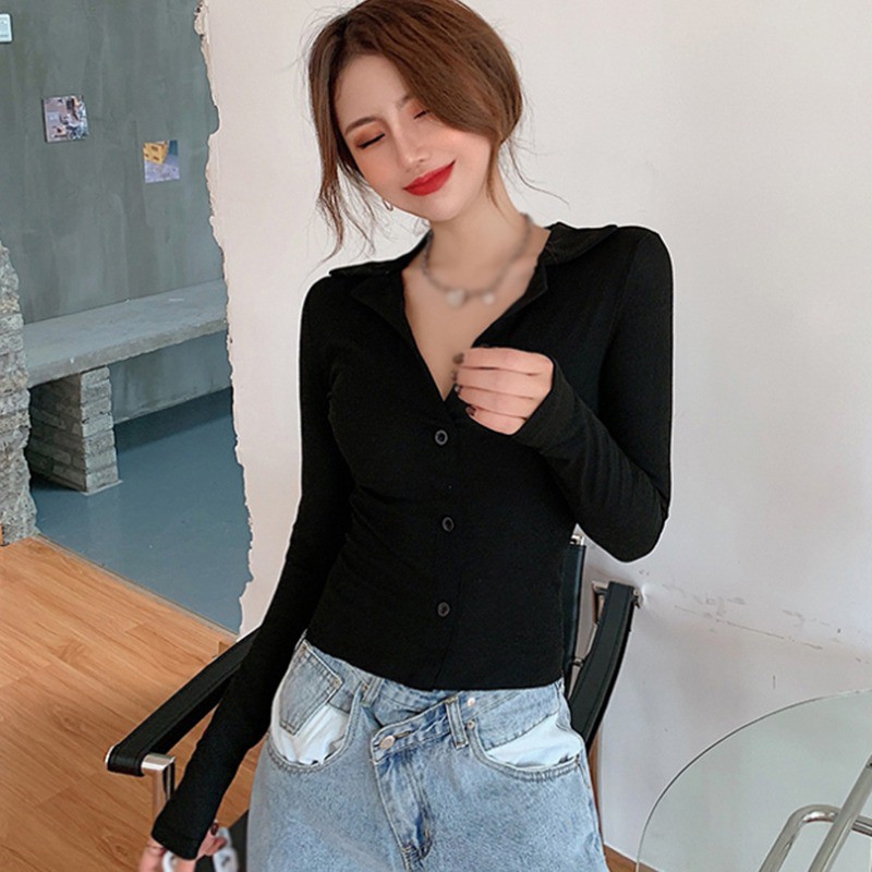 Áo Thun Tay Dài Màu Trơn Thiết Kế Ôm Dáng Thanh Lịch Gợi Cảm Cho Nữ