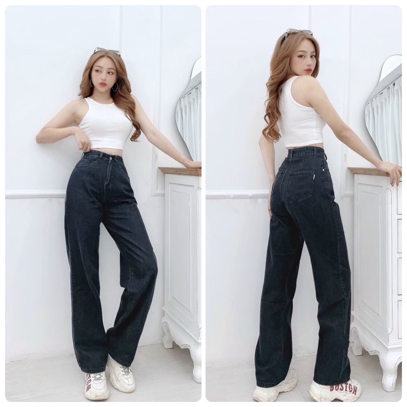 Quần Jeans Nữ Ống Rộng Lưng Cao Dáng Suông