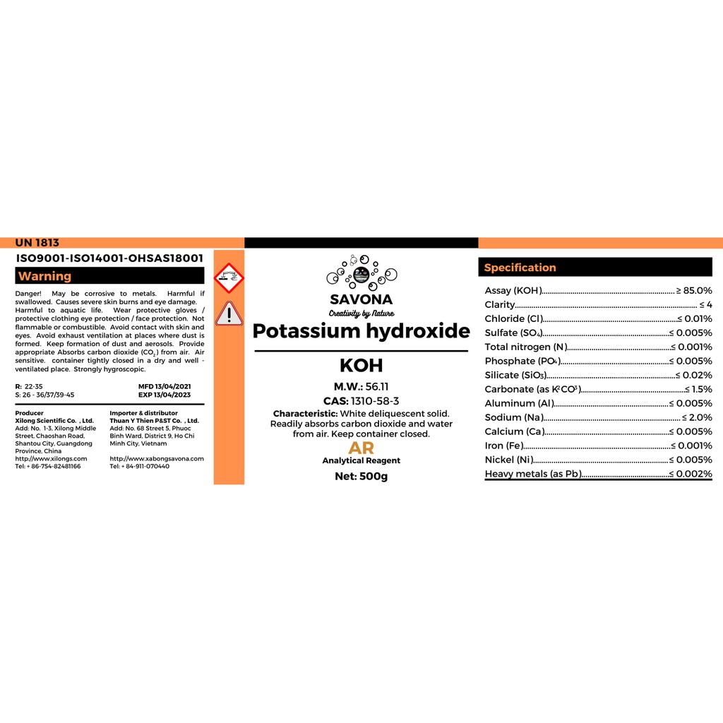 Potassium hydroxide - Xút KOH - Kali Hydroxide - KOH làm xà phòng, phân bón - KOH 85% Xilong chai 500g CAS 1310-58-3