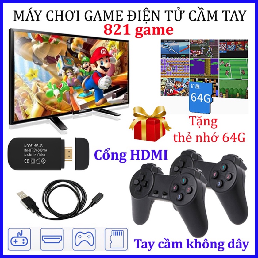 Hà Nội Máy Chơi Game Cầm Tay 4 Nút 821 trò, HDMI - Kết Nối Tivi Tặng Thẻ Nhớ 64G - Kèm 2 Tay Cầm Không Dây