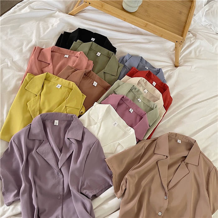 SUXI Áo Sơ Mi Tay Ngắn Cổ Chữ V Màu Sắc Đơn Giản Phong Cách Hàn Quốc Cho Nữ