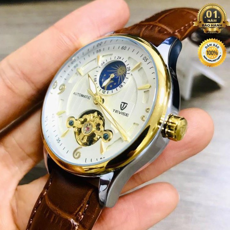Đồng hồ nam automatic dây da bọc su cực bền hiệu tevise chính hãng