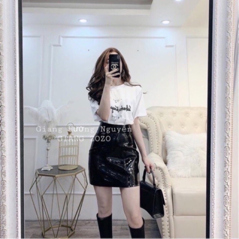 Chân váy da bóng cạp cao, Chân váy dáng A Quảng Châu Loại 1 , Kèm quần lót Có BIGSIZE