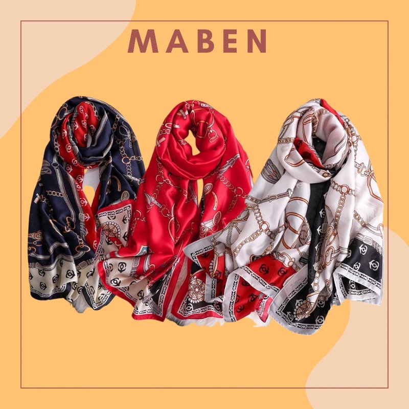 Khăn choàng cổ lụa in hoa văn dây xích cao cấp size 90x180cm - Maben