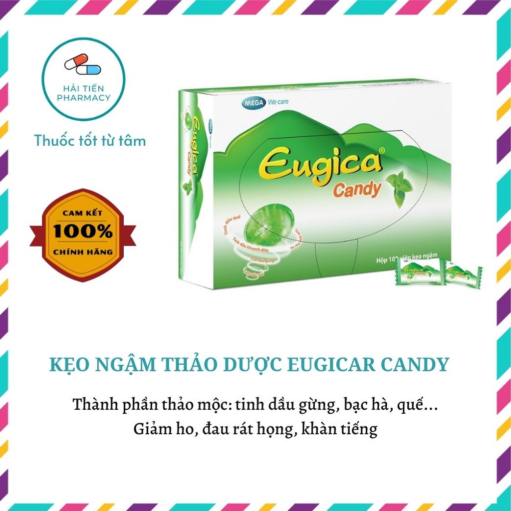 Kẹo ngậm giảm ho đau rát họng Eugica Candy thành phần thiên nhiên tinh dầu gừng, quế, bạc hà