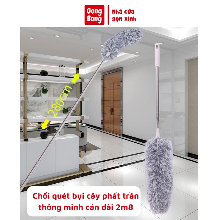 Chổi quét bụi cây phất trần thông minh cán dài 2m8 có thể thu rút gọn điều chỉnh độ dài quét màng nhện tiện lợi